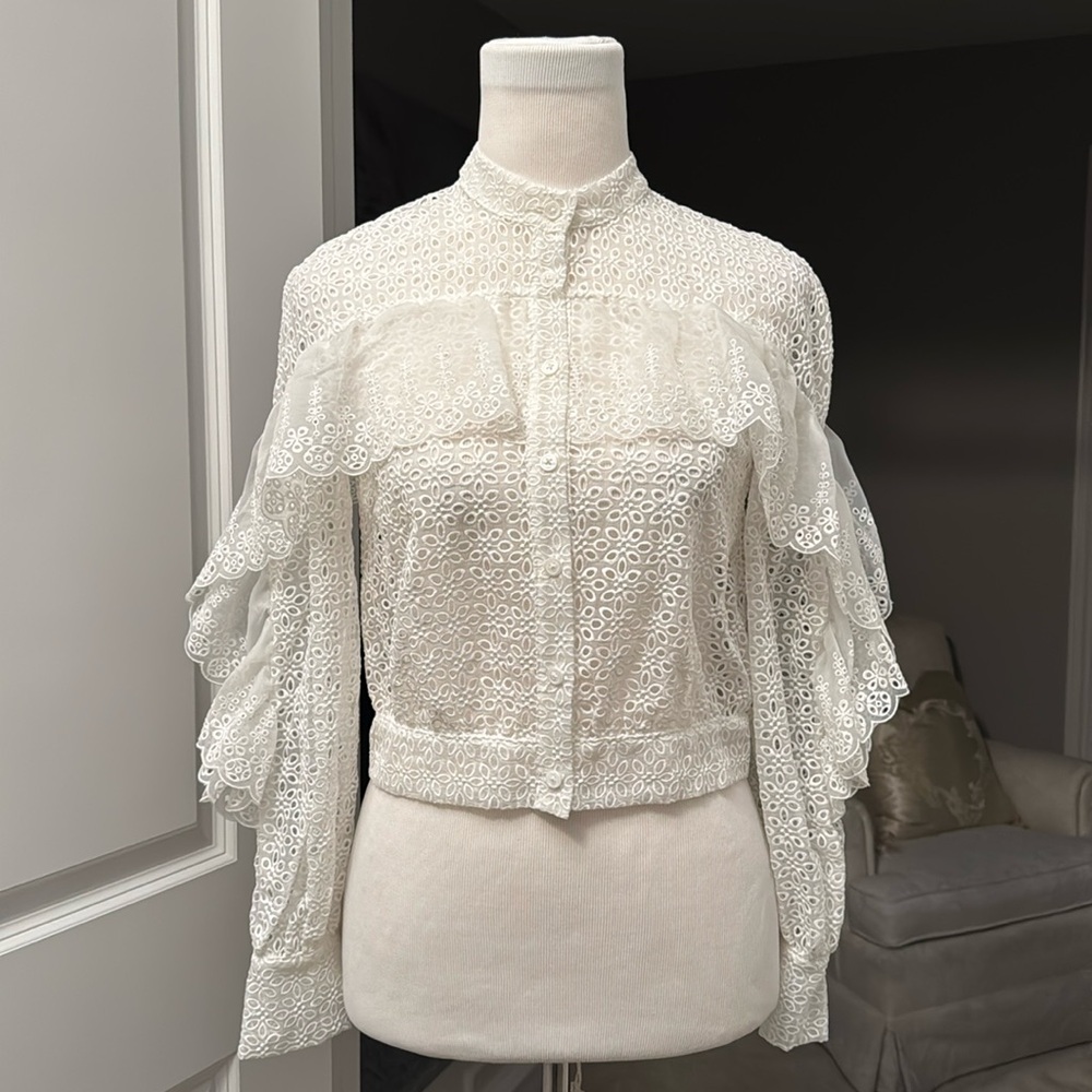 Self-Portrait Crop Jacket Style Lace Eyelet Blouse sz 2 US